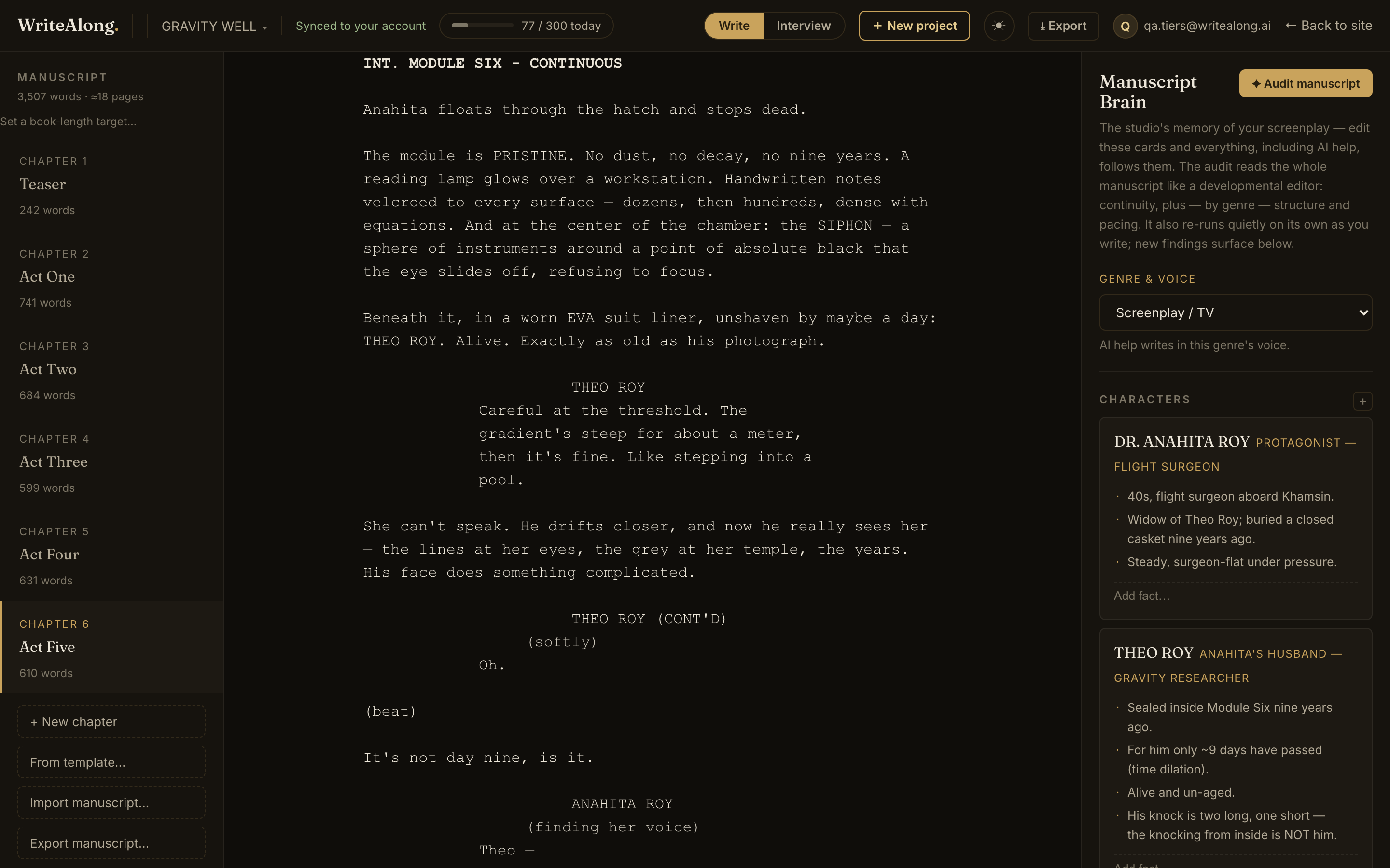 Screenplay mode in the WriteAlong studio: a formatted scene with slugline, action, character cue, parenthetical, and dialogue, plus a live page count